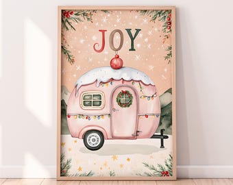 水彩画のクリスマスキャンパーの印刷可能なアートワーク、冬の印刷可能なアートワーク、冬のキャンプの絵画、素朴な冬のアート、ペイントされたアートワーク