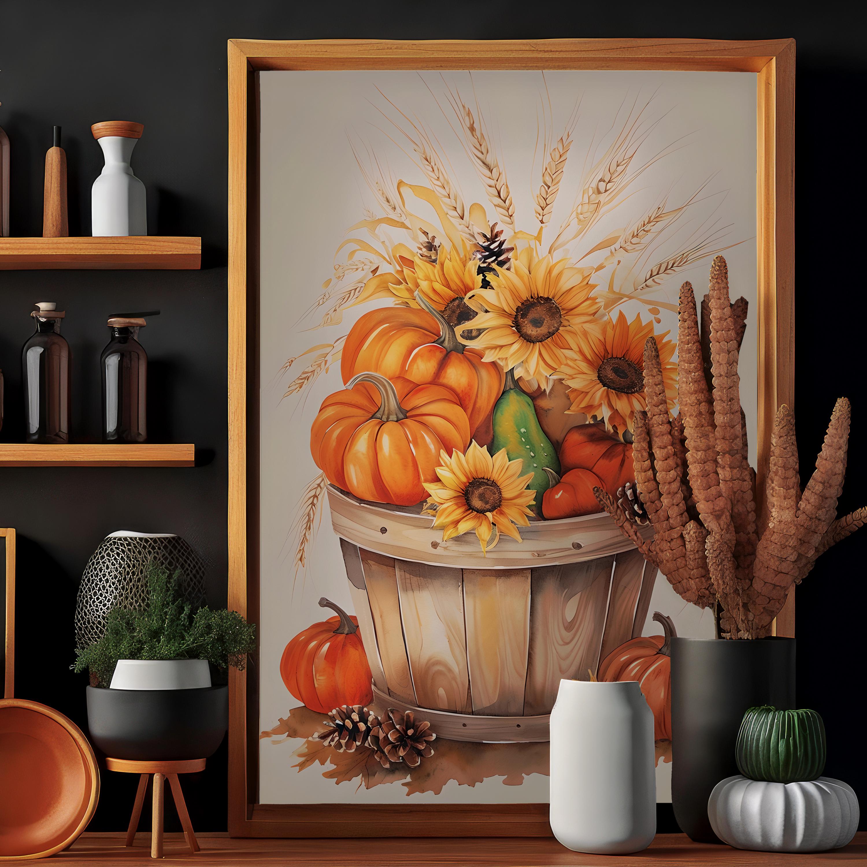 Watercolor Fall Floral Bushel Printable Artwork, Thanksgiving Printable ...