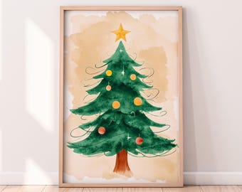 Watercolor Christmas Tree With A Star Printable Artwork, Winter Printable Artwork, Christmas Painting, Rustic Winter Art, Painted Artwork