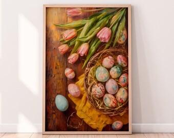 油絵イースターエッグと花のプリントウォールアート、イースターデコレーション、プリント春アート、春のホームデコレーション油絵、花柄プリント