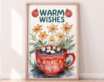 Watercolor Warm Wishes Hot Chocolate Printable Artwork, Winter Printable Artwork, Winter Themed Painting, Rustic Winter Art, Painted Artwork