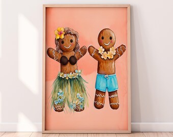 水彩画のトロピカルジンジャーブレッドマンの印刷可能なアートワーク、クリスマスの印刷可能なアートワーク、冬のデジタルアート、クラシックなクリスマス、素朴な冬