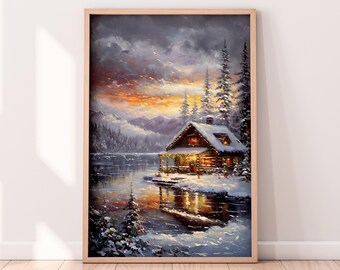 湖畔の水彩画クリスマスキャビンの印刷可能なアートワーク、冬の印刷可能なアートワーク、クリスマスの絵画、素朴な冬のアート、ペイントされたアートワーク