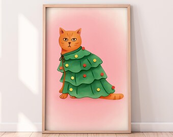 Watercolor Christmas Cat Printable Artwork, Winter Printable Artwork, Christmas Painting, Rustic Winter Art, Painted Artwork