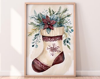 水彩画の花柄クリスマスストッキングの印刷可能なアートワーク、冬の印刷可能なアートワーク、クリスマスの絵画、素朴な冬のアート、ペイントされたアートワーク