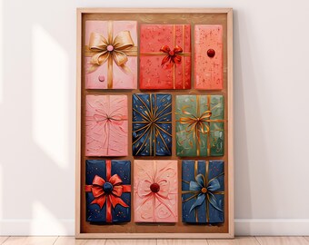 水彩画のクリスマスプレゼントの印刷可能なアートワーク、冬の印刷可能なアートワーク、クリスマスをテーマにした絵画、素朴な冬のアート、ペイントされたアートワーク