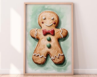 Akvarell pepparkaksgubbe utskrivbar konstverk, jul utskrivbar konstverk, vinterkonst digital konst, klassisk jul, rustik vinterkonst