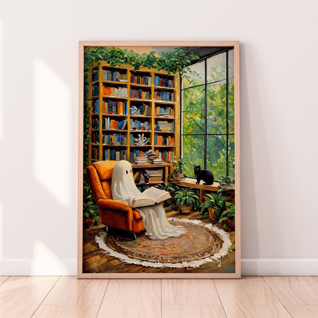 Ghost in a Green Library Reading a Book Printable Wall Art, Halloween ...