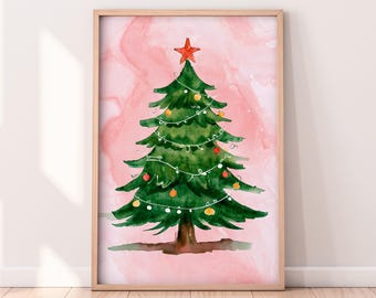 水彩画のクリスマスツリーのプリント可能なアートワーク、冬のプリント可能なアートワーク、クリスマスの絵画、素朴な冬のアート、ペイントされたアートワーク