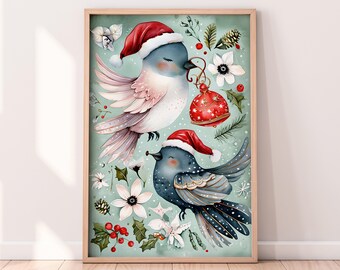 水彩画の雪の降るクリスマスの鳥の印刷可能なアートワーク、冬の印刷可能なアートワーク、冬の鳥の絵画、素朴な冬のアート、ペイントされたアートワーク