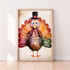 May include: Watercolor illustration of a cartoon turkey wearing a black top hat. The turkey has a colorful fanned tail with shades of red, orange, and green. The artwork is framed in a light wood frame, perfect for Thanksgiving decor.