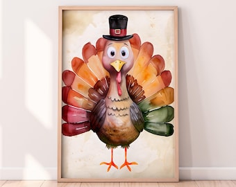 水彩画の感謝祭の七面鳥の印刷可能なアートワーク、感謝祭の印刷可能なアートワーク、秋のアートデジタルアート、秋のアートワーク、素朴な秋のアート