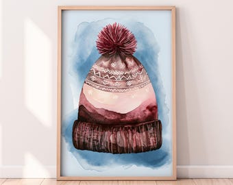 水彩画の冬帽子のプリント作品、冬のプリント作品、冬をテーマにした絵画、素朴な冬のアート、ペイントされた作品