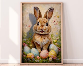 イースターエッグを持った笑顔のウサギの油絵プリントウォールアート、イースターデコレーション、プリント可能な春のアート、春のホームデコレーション絵画、花柄プリント