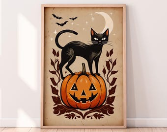 カボチャの上の黒猫のプリント可能な壁アート、ハロウィーンのプリント可能なアートワーク、秋のアートワーク、猫のアートワーク、不気味なデジタルダウンロード、デジタルアートワーク