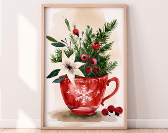 Watercolor Floral Christmas Mug Printable Artwork, Winter Printable Artwork, Christmas Painting, Rustic Winter Art, Painted Artwork