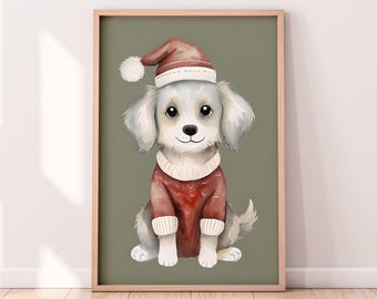 Watercolor Christmas Santa Dog Printable Artwork, Winter Printable Artwork, Christmas Painting, Rustic Winter Art, Painted Artwork