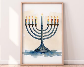 水彩ハヌカ本枝の燭台の印刷可能なアートワーク、ハヌカの印刷可能なアートワーク、冬のアートデジタルアート、クラシックなハヌカ、素朴な冬のアート