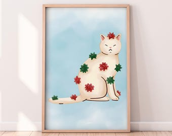 Watercolor Cat With Christmas Bows Printable Artwork, Winter Printable Artwork, Christmas Painting, Rustic Winter Art, Painted Artwork