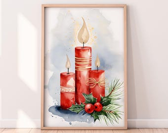 Watercolor Red Festive Candles Printable Artwork, Winter Printable Artwork, Winter Themed Painting, Rustic Winter Art, Painted Artwork
