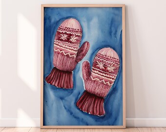 Watercolor Winter Mittens Printable Artwork, Winter Printable Artwork, Winter Themed Painting, Rustic Winter Art, Painted Artwork