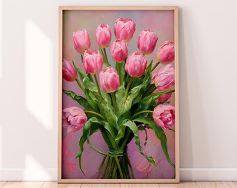 Pink Tulip Bouquet Oil Painting Printable Artwork, Flower Still Life Painting, Home Decor, Digital Wall Art, Spring Printable Art