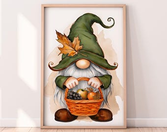 Watercolor Fall Gnome with a Basket Printable Artwork, Gnome Printable Artwork, Fall Digital Art, Autumn Art, Rustic Fall Art