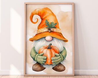 Watercolor Fall Gnome Holding a Pumpkin Printable Artwork, Gnome Printable Artwork, Fall Digital Art, Autumn Art, Rustic Fall Art