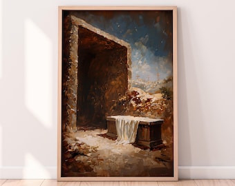 油絵のイエスの墓の風景画、印刷可能な壁アート、イースターの装飾、宗教的な印刷可能なキリスト教アート、ホームデコレーションの油絵、イエスの復活