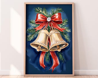 水彩画の冬の鐘の印刷可能なアートワーク、冬の印刷可能なアートワーク、冬をテーマにした絵画、素朴な冬のアート、ペイントされたアートワーク