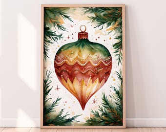 水彩画のクリスマスオーナメントの印刷可能なアートワーク、冬の印刷可能なアートワーク、詳細なオーナメントの絵画、素朴な冬のアート、ペイントされたアートワーク