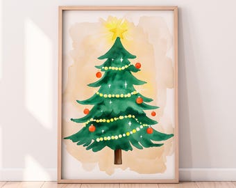 水彩画のクリスマスツリーとガーランドの印刷可能なアートワーク、冬の印刷可能なアートワーク、クリスマスの絵画、素朴な冬のアート、ペイントされたアートワーク