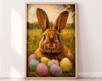 油絵風の茶色のウサギとイースターエッグ、印刷可能な壁掛けアート、イースター装飾、印刷可能な春のアート、春のホームデコレーション絵画、花柄プリント