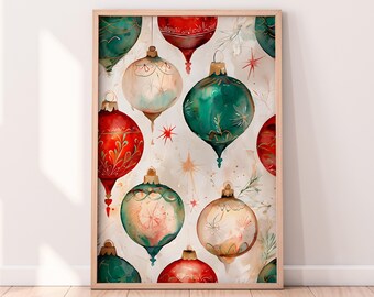 水彩画のヴィンテージクリスマスオーナメントの印刷可能なアートワーク、冬の印刷可能なアートワーク、クリスマスの絵画、素朴な冬のアート、ペイントされたアートワーク
