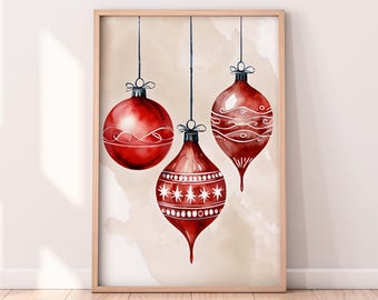 水彩画の赤いクリスマスオーナメントの印刷可能なアートワーク、冬の印刷可能なアートワーク、クリスマスの絵画、素朴な冬のアート、ペイントされたアートワーク