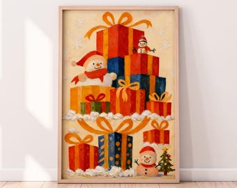 水彩画のクリスマスプレゼントの印刷可能なアートワーク、冬の印刷可能なアートワーク、プレゼントの山の絵画、素朴な冬のアート、ペイントされたアートワーク