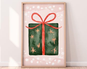 水彩ミニマリストのクリスマスプレゼントの印刷可能なアートワーク、冬の印刷可能なアートワーク、クリスマスの絵画、素朴な冬のアート、ペイントされたアートワーク