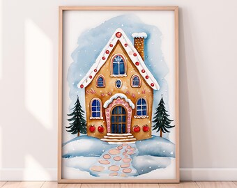 水彩画のクリスマスジンジャーブレッドハウスの印刷可能なアートワーク、冬の印刷可能なアートワーク、クリスマスの絵画、素朴な冬のアート、ペイントされたアートワーク