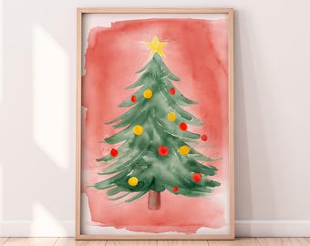 水彩画のカラフルなクリスマスツリーの印刷可能なアートワーク、冬の印刷可能なアートワーク、クリスマスの絵画、素朴な冬のアート、ペイントされたアートワーク
