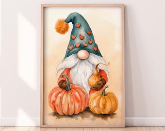 Watercolor Fall Gnome with Pumpkins Printable Artwork, Gnome Printable Artwork, Fall Digital Art, Autumn Art, Rustic Fall Art