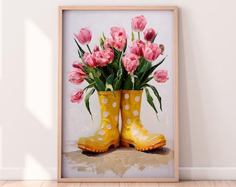黄色いレインブーツを履いたチューリップの油絵プリントアートワーク、花の静物画、ホームデコレーション、デジタルウォールアート、春のプリントアート