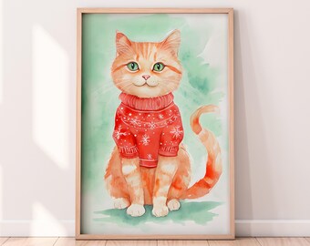 セーターを着た水彩画のクリスマス猫の印刷可能なアートワーク、冬の印刷可能なアートワーク、クリスマスの絵画、素朴な冬、ペイントアート