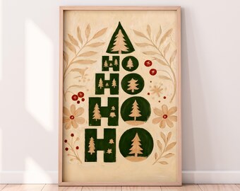 水彩画「ホーホーホー」クリスマスツリーの印刷可能なアートワーク、冬の印刷可能なアートワーク、クリスマスの絵画、素朴な冬のアート、ペイントされたアートワーク