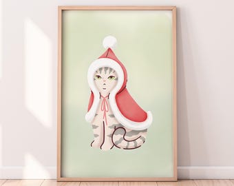 Watercolor Cat with Christmas Cape Printable Artwork, Winter Printable Artwork, Christmas Painting, Rustic Winter Art, Painted Artwork