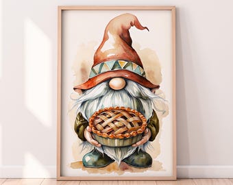 Watercolor Thanksgiving Gnome with a Pie Printable Artwork, Thanksgiving Printable Artwork, Fall Digital Art, Autumn Art, Rustic Fall Art