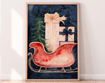 水彩画のプレゼント付きそりの印刷可能なアートワーク、冬の印刷可能なアートワーク、クリスマスの絵画、素朴な冬のアート、ペイントされたアートワーク