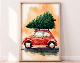 クリスマスツリーを運ぶ水彩画の車、冬の印刷可能なアートワーク、冬をテーマにした絵画、素朴な冬のアート、ペイントアート
