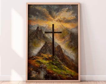 山の風景を描いた宗教的な十字架の油絵、イースターの装飾、印刷可能なキリスト教アート、ホームデコレーションの油絵、イエス