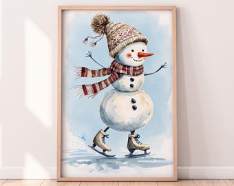 水彩画のアイススケート雪だるまの印刷可能なアートワーク、冬の印刷可能なアートワーク、冬の雪だるまの絵画、素朴な冬のアート、ペイントされたアートワーク