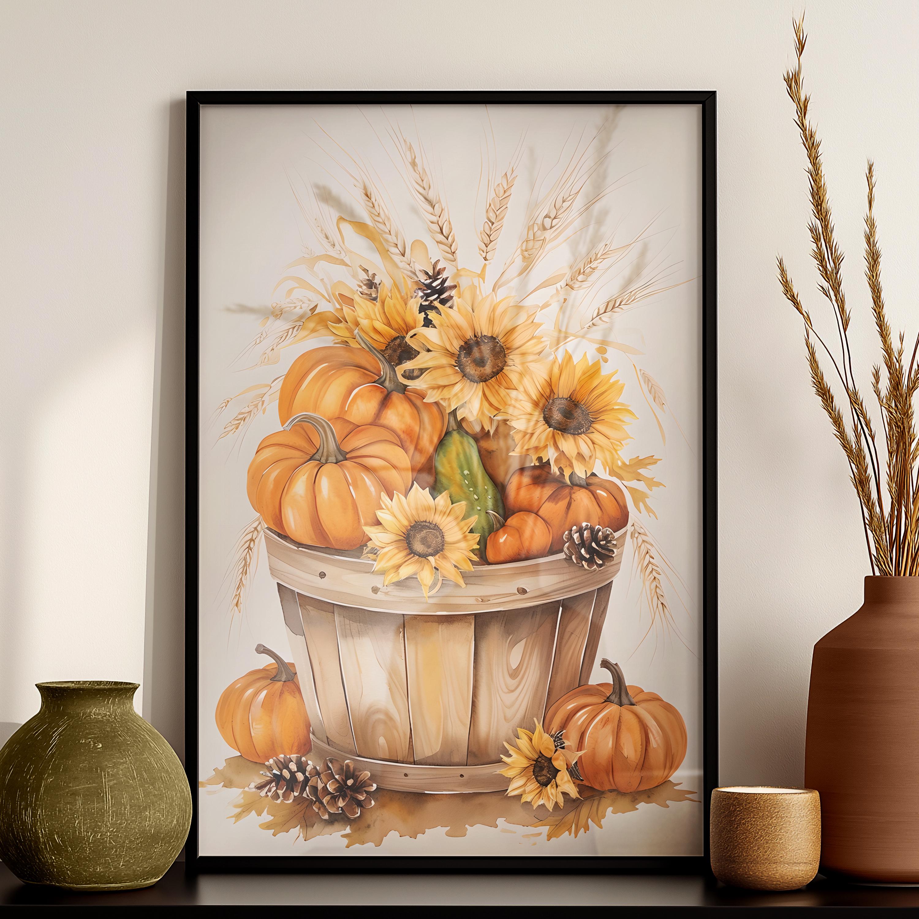 Watercolor Fall Floral Bushel Printable Artwork, Thanksgiving Printable ...